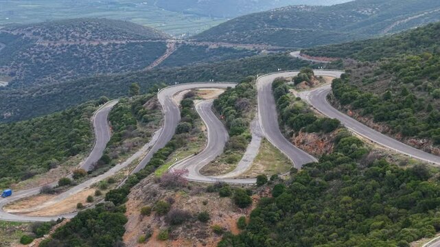 Aerial view of the winding mountain road between Sparta and Kalamata in the Peloponnese, Greece.
