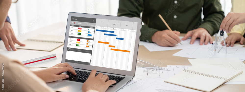 Poster project planning software for brisk business project management on the computer screen showing timel