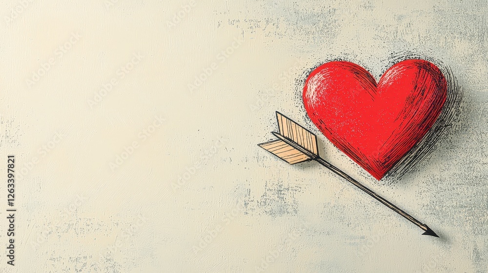 Poster red heart with arrow on textured background