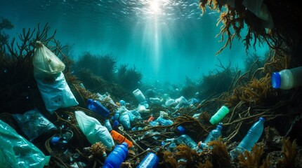 detailed and hauntingly lit cinematic photograph of a submerged ocean scene overwhelmed by a tangled mess of plastic waste, featuring discarded bags, bottles, and microbeads scattered among coral