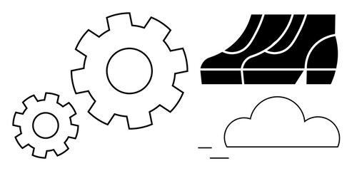 Large and small gears, boots implying movement, and a cloud indicating speed all highlight themes of mechanics, progress, and efficiency. Ideal for teamwork, innovation, productivity, collaboration