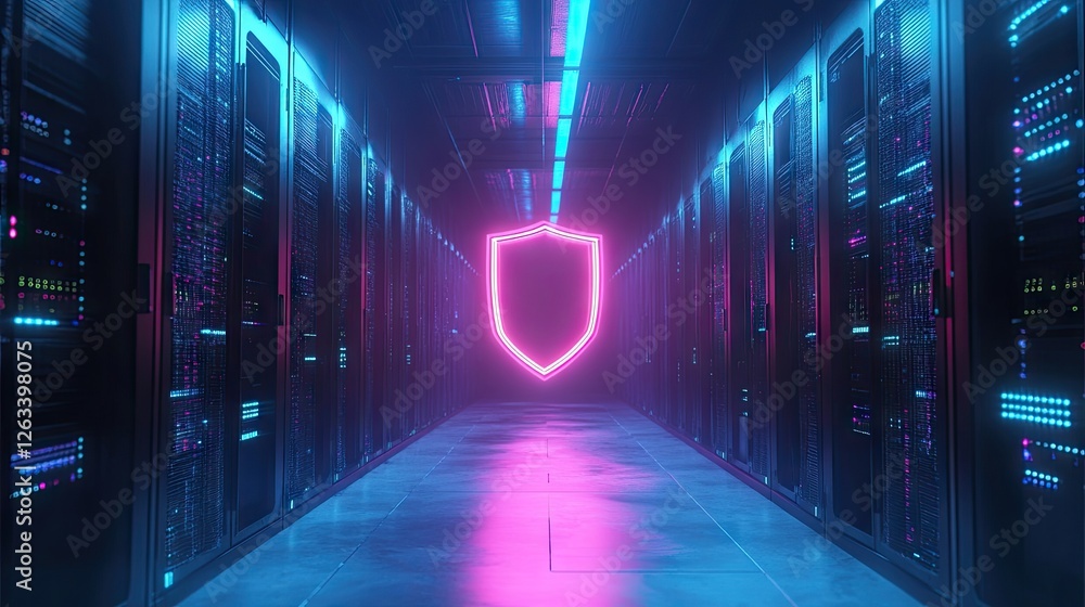 Aufkleber modern cybersecurity concept with advanced servers and a neon security shield in a digital space.