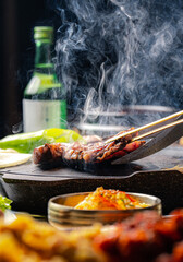 korean grilled meat with vegetables and cut