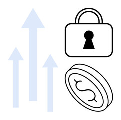 Blue arrows point upwards next to a secure lock and currency coin. Ideal for financial growth, security, investment, economic development, savings, security systems, business growth. Line metaphor