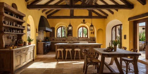 Naklejka premium Rustic Mediterranean Kitchen With Wooden Beams And Island