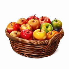 A vibrant basket filled with assorted apples, showcasing various colors and sizes, set against a neutral background