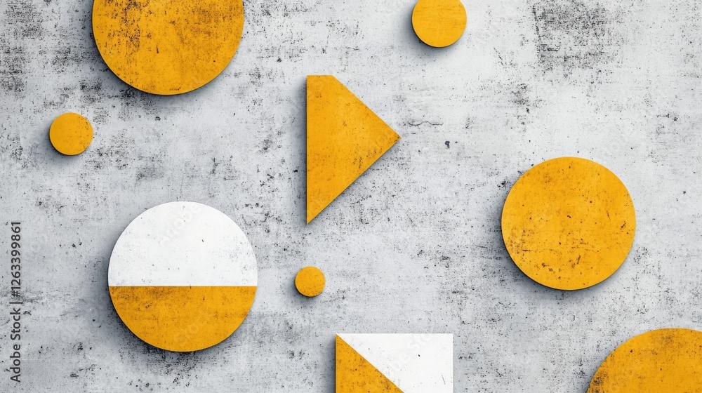 Poster sophisticated abstract pattern with yellow geometric shapes on a textured gray background.