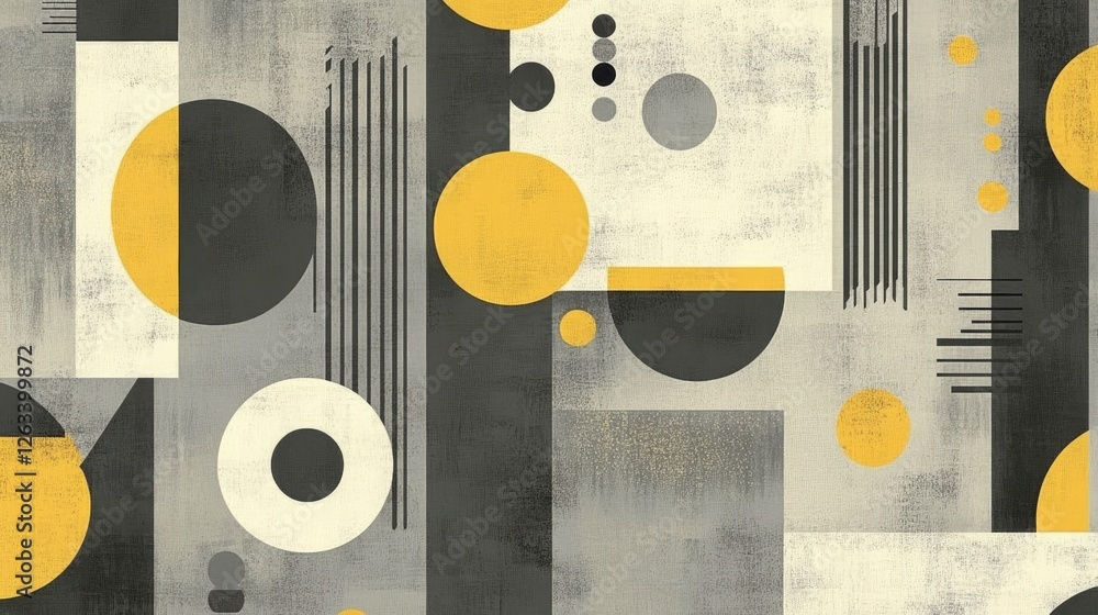 Poster sophisticated abstract pattern with yellow geometric shapes on a textured gray background.