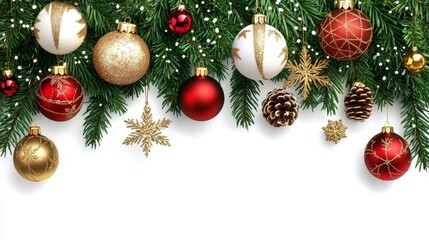 Festive Christmas Ornament Border Red, Gold, White Baubles, Pine, Snow, Christmas Decorations Christmas, Holiday