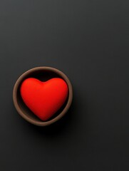 Fototapeta premium Red heart in a bowl against a minimalist dark background symbolizing love and simplicity.