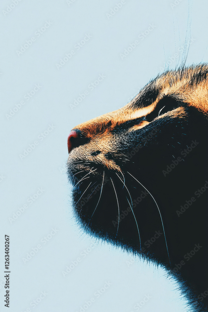 Poster captivating feline silhouette: a close-up portrait of a cat against a soft blue background highlight