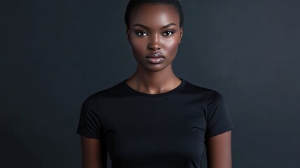 Obraz premium Studio photography of a model wearing a fitted black t-shirt, showcasing its modern design.