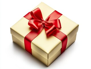 Obraz premium Gold Gift Box with Red Ribbon Square Composition, Festive Concept, Gift Wrapping, Holiday Present Gift, Packaging