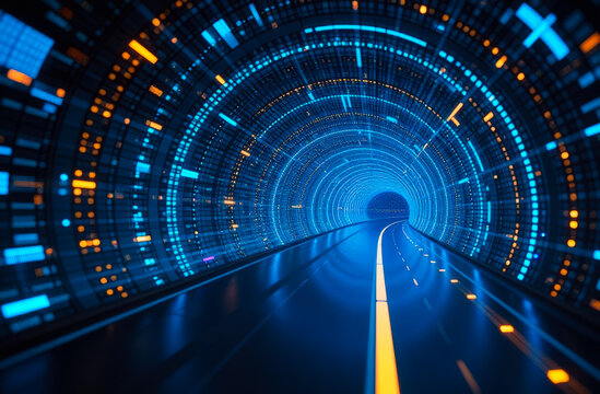 Abstract blue light speed background with laser rays and glowing flare in the center, motion blur effect