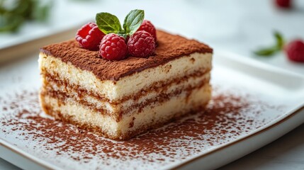 Irresistible tiramisu served on a white plate with berries and cocoa powder