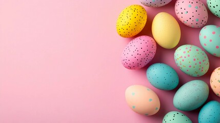 Colorful decorated Easter eggs arranged on a soft pink background for spring celebrations and festive activities