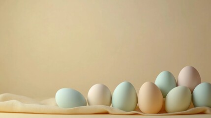 Beautifully arranged pastel colored eggs on a soft fabric with neutral background for Easter decorations