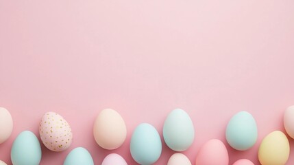 Colorful pastel eggs arranged on a soft pink background for spring celebrations and Easter festivities