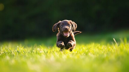 Happy brown puppy runs joyfully across a sunlit green lawn in a serene park during a warm afternoon