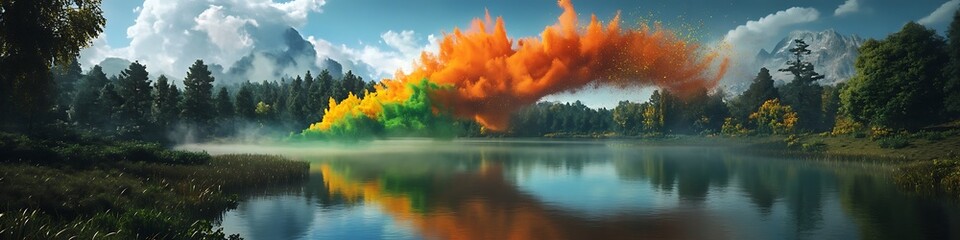 A burst of orange yellow and green Holi powder suspended in the air above a peaceful lake