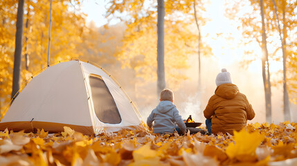 family enjoys fall camping trip in dense forest, surrounded by vibrant autumn leaves. warm glow of campfire adds to cozy atmosphere