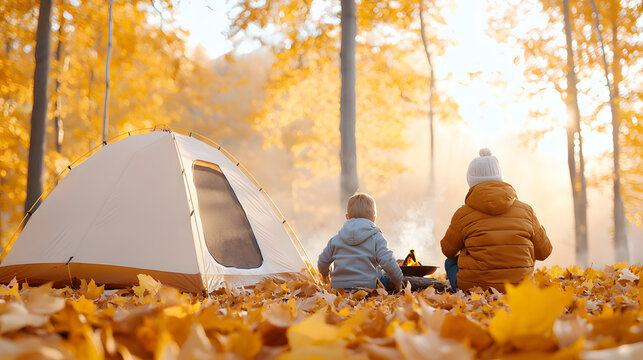 family enjoys fall camping trip in dense forest, surrounded by vibrant autumn leaves. warm glow of campfire adds to cozy atmosphere