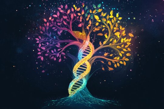 Luminous tree, DNA helix, cosmic background, vibrant colors.