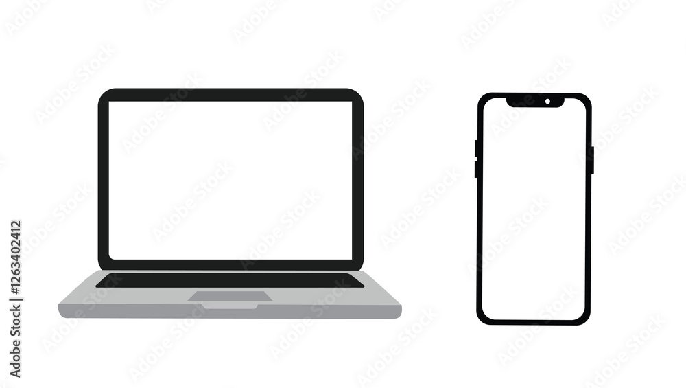 Aufkleber modern notebook and smartphone screen isolated on white, white screen computer and mobile phone mock
