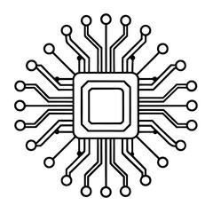 A line art microchip with glowing AI patterns, representing intelligent computing