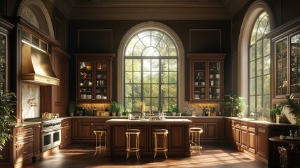 Obraz premium Luxurious, sunlit kitchen interior, elegant dark wood cabinets, large windows with garden view
