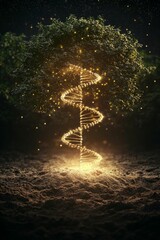 Obraz premium Golden DNA helix sprouts from earth beneath tree.