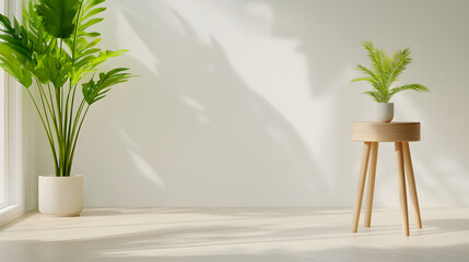 Obraz premium bright and airy interior featuring wooden stool with potted plant, complemented by tall leafy plant in white pot. sunlight casts soft shadows, creating serene atmosphere