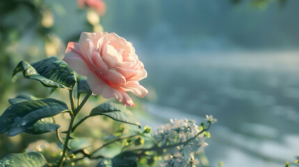 A close-up of a delicate pink rose blooming beside a tranquil river, surrounded by soft greenery