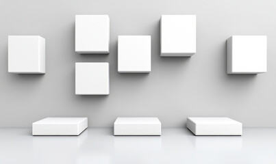 Modern Minimalist Display of Floating Rectangles on Clean White Wall in Contemporary Interior Space for Creative Art Showcases and Exhibitions