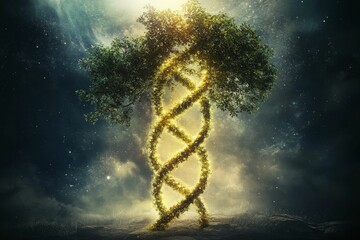 Obraz premium Glowing DNA tree, mystical night scene, nature's code.