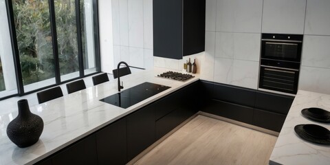 Modern Black And White Kitchen Design With Marble Countertops