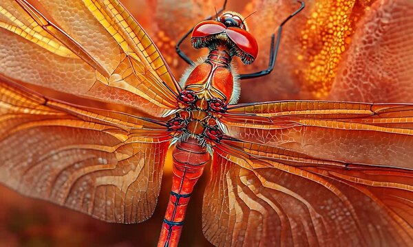 Close-up of a vibrant red dragonfly showcasing intricate wing patterns and details.