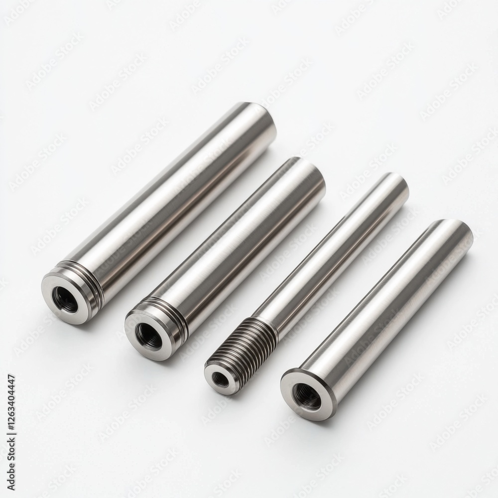 Poster sleek metallic cylinders displaying different sizes and threaded designs on a clean surface