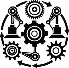  A series line art  of interconnected gears, arrows, and robotic arms, depicting process automation
