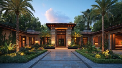 Fototapeta premium Luxurious tropical home entrance at dusk