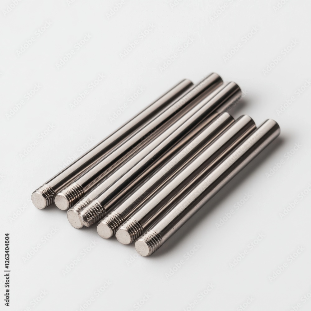 Poster close-up of several shiny metal rods with threaded ends arranged on a light background for industria