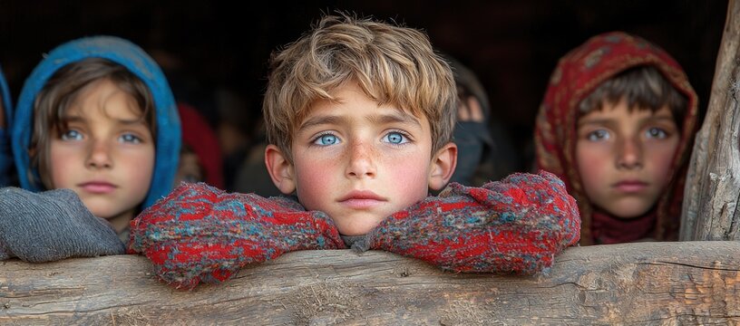 Three children with striking blue eyes peer from a rustic wooden frame, their faces etched with a mix of curiosity and contemplation.
