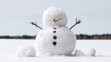 Playful snowman winter field landscape, snowy background, winter fun