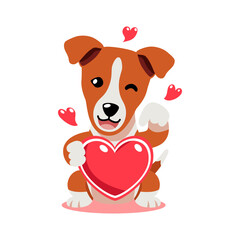 Fototapeta premium Vector cartoon valentine cute basenji dog holding a big red heart for design.