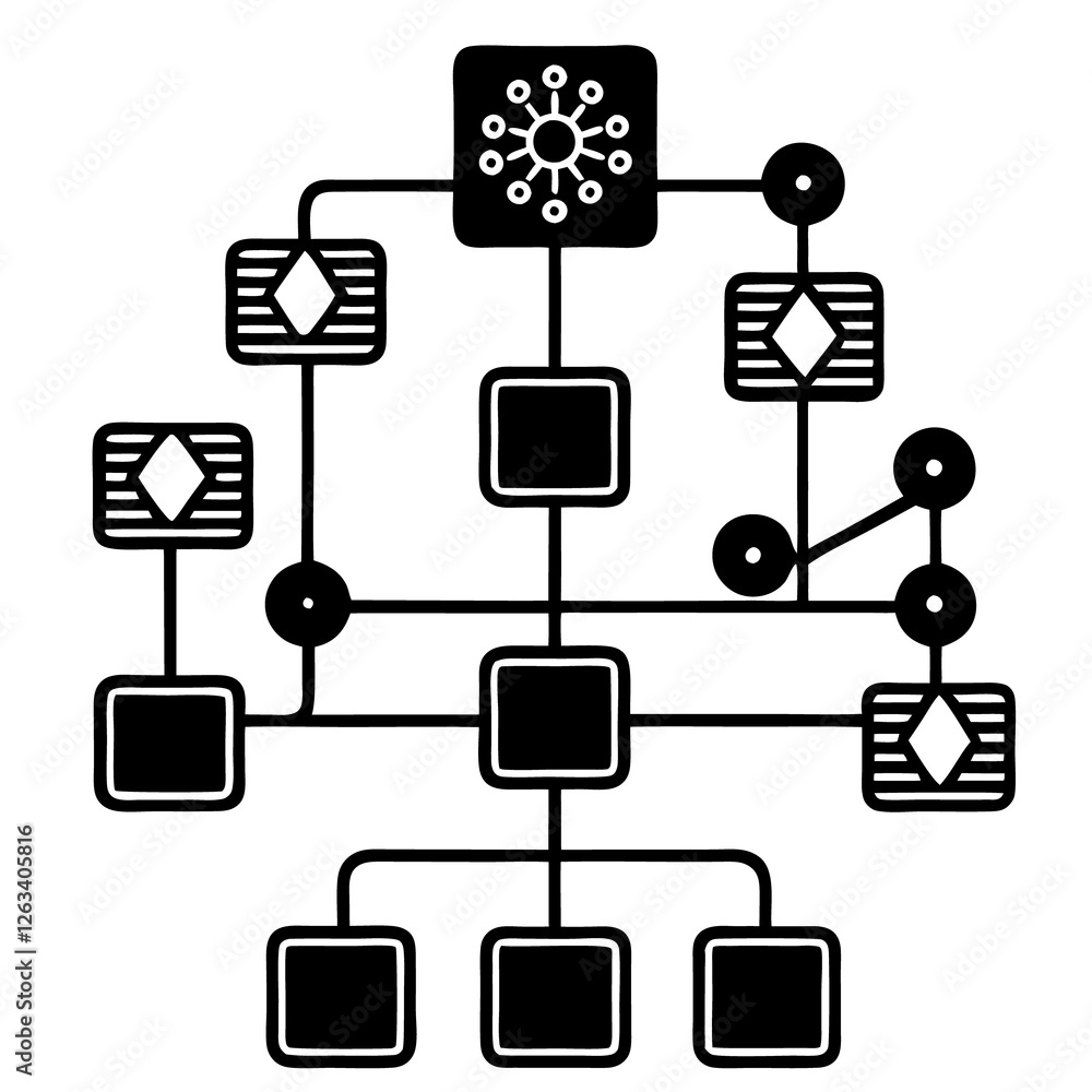 Poster a sleek digital silhouette flowchart with ai-powered decision-making nodes