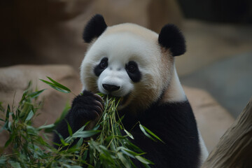 Fototapeta premium Panda bear eating bamboo with a look of intense concentration