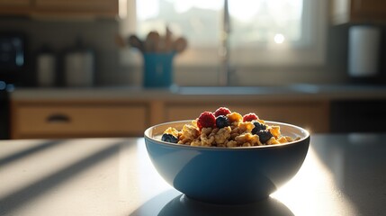 Sunlit Bowl Of Cereal With Berries For Breakfast