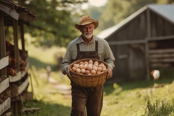 Fototapeta premium A farmer carrying a basket of fresh eggs from a chicken coop