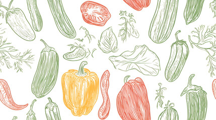 Vegetable pattern with hand-drawn peppers, tomatoes, and fresh greens