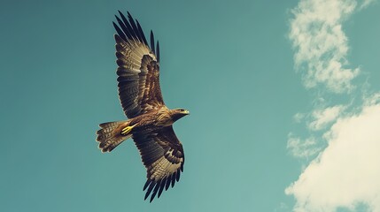 Obraz premium Majestic Golden Eagle Soaring Through Azure Sky